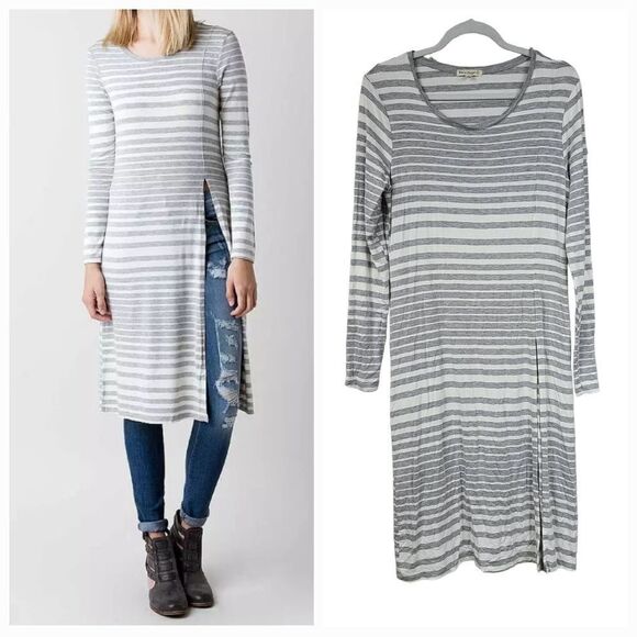 Love on a Hanger M/L Grey Striped Maxi Top Long Side Slit Tunic Casual Tee Shirt - Picture 1 of 12